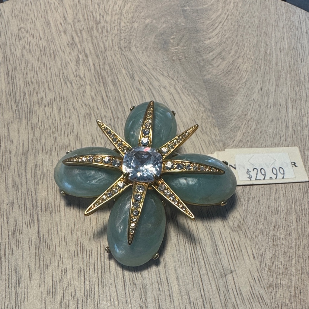 Ann Taylor Gold And Green Floral Brooch With Rhinestones 25$